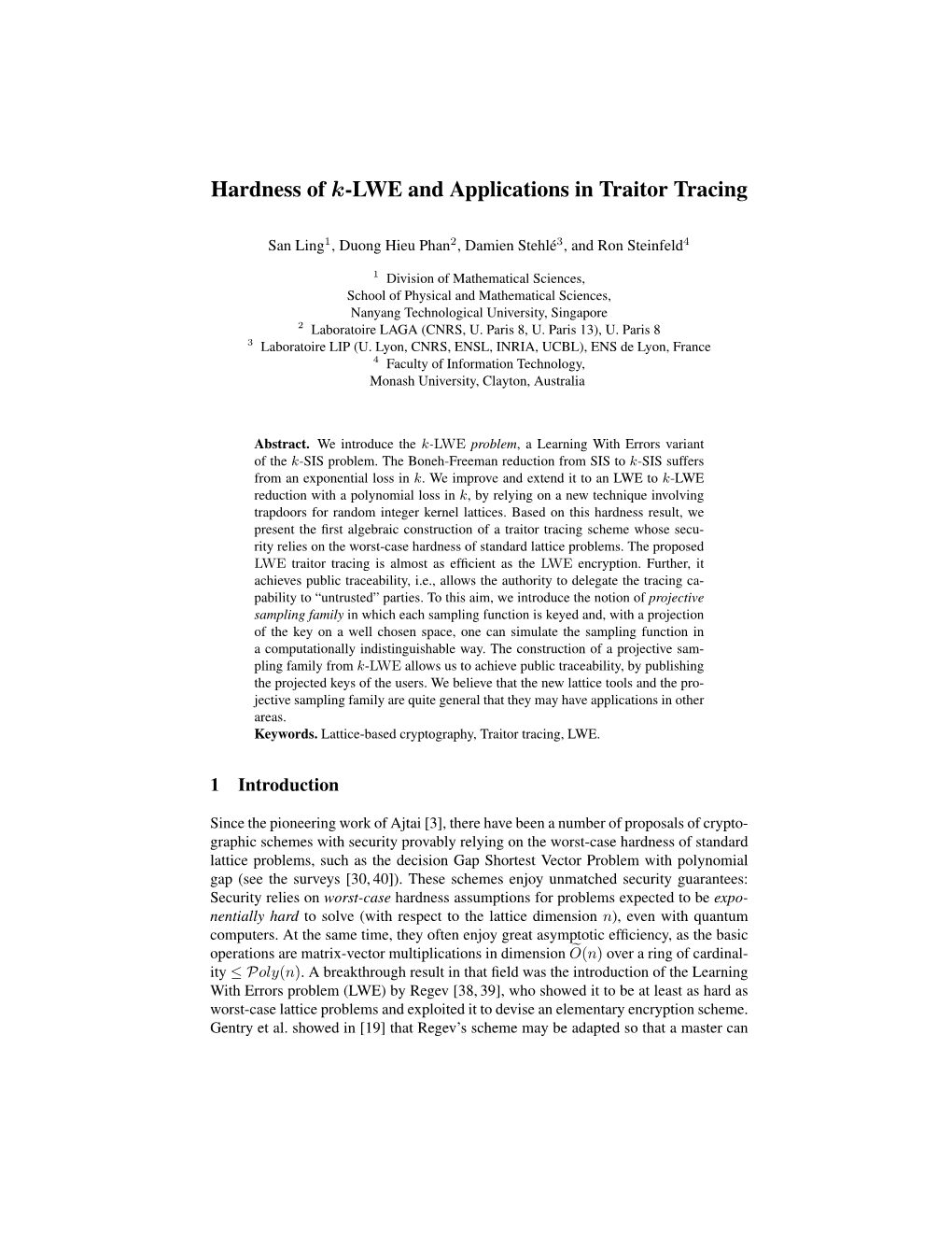 Hardness of K-LWE and Applications in Traitor Tracing