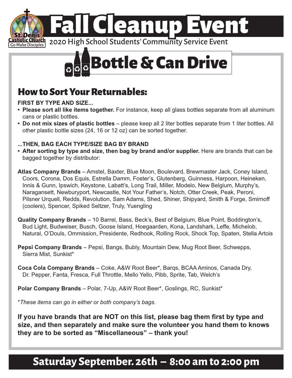 Fall Cleanup Event 2020 High School Students’ Community Service Event Bottle & Can Drive