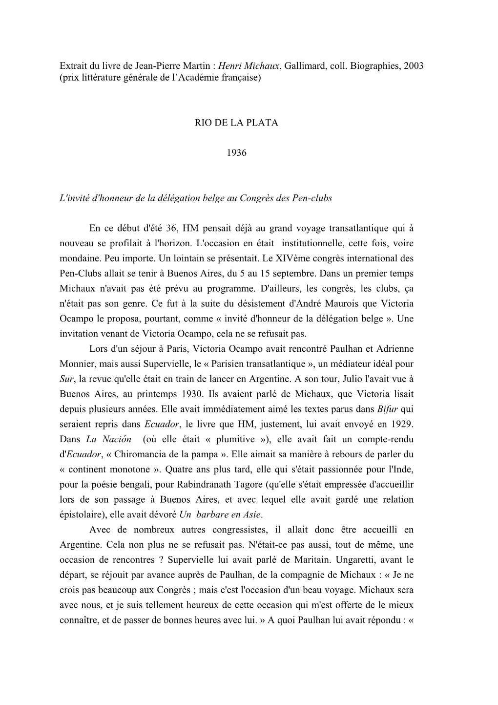 Extrait Du Livre De Jean-Pierre Martin : Henri Michaux, Gallimard, Coll