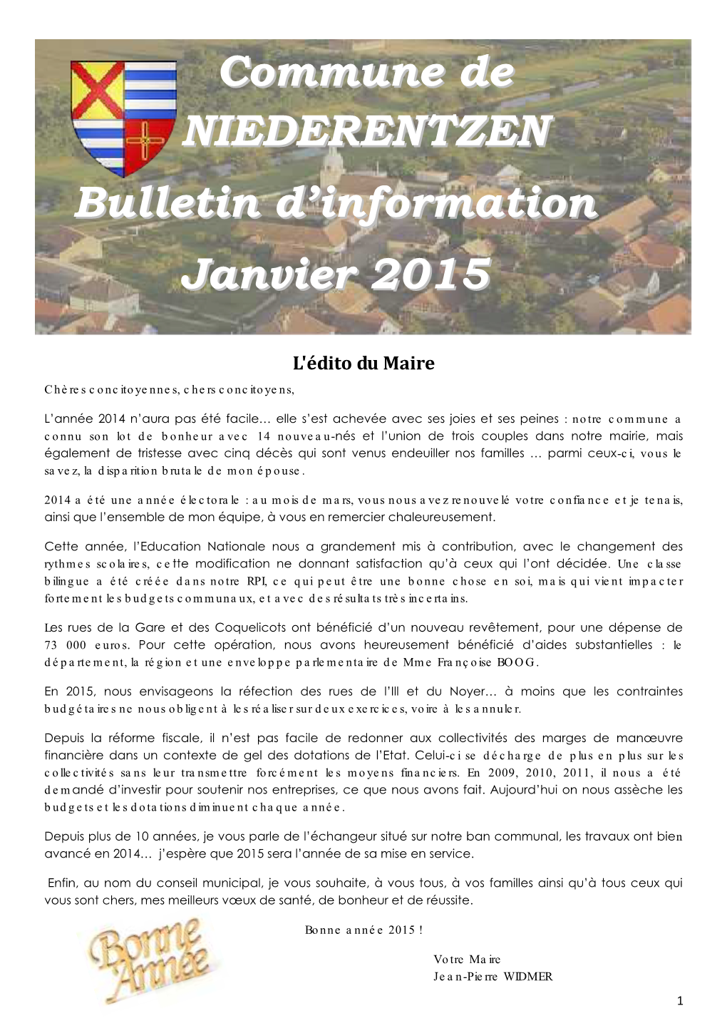 Commune De NIEDERENTZEN Bulletin D'information Janvier 2015