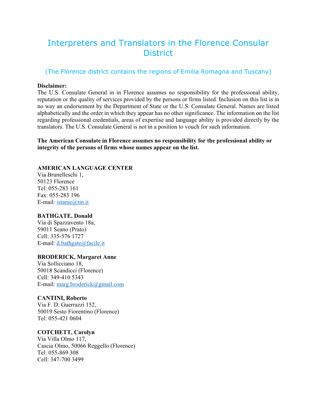 Interpreters and Translators in the Florence Consular District