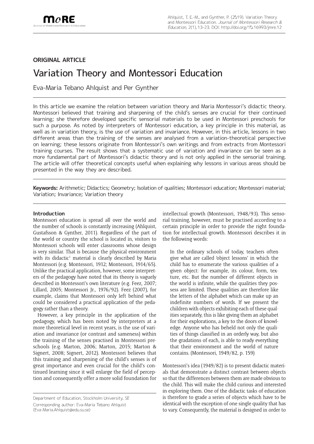 Variation Theory and Montessori Education
