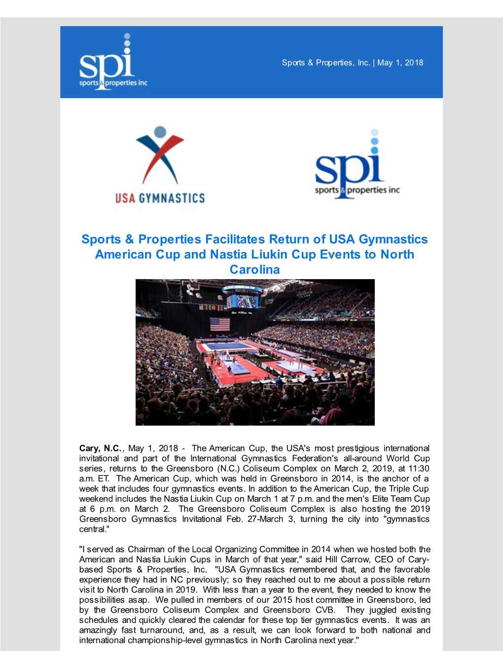 Sports & Properties Facilitates Return of USA Gymnastics American Cup