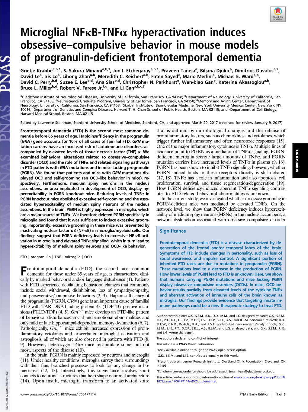 Microglial Nfκb-Tnfα Hyperactivation Induces Obsessive–Compulsive Behavior in Mouse Models of Progranulin-Deficient Frontotemporal Dementia