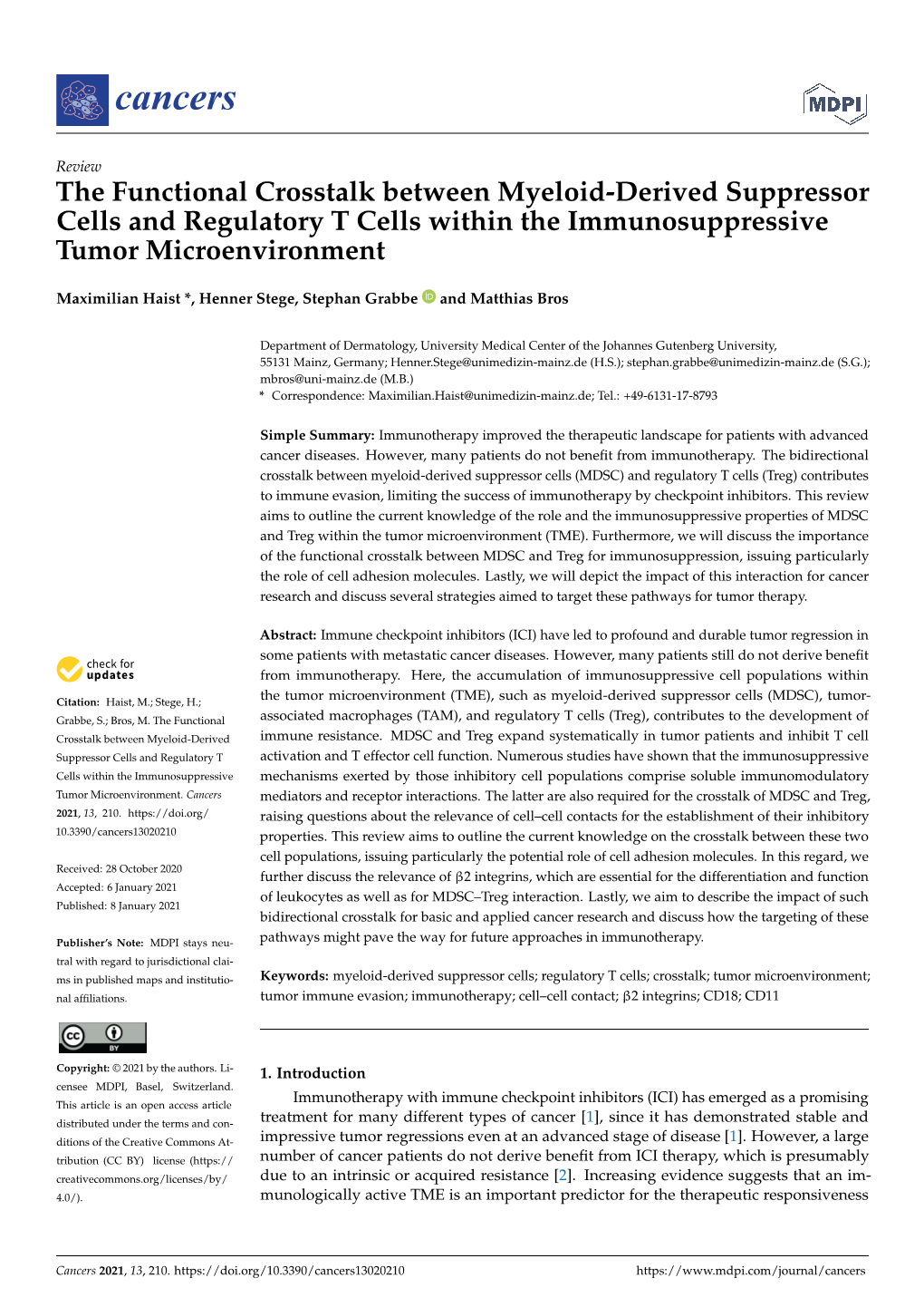 The Functional Crosstalk Between Myeloid-Derived Suppressor Cells and Regulatory T Cells Within the Immunosuppressive Tumor Microenvironment