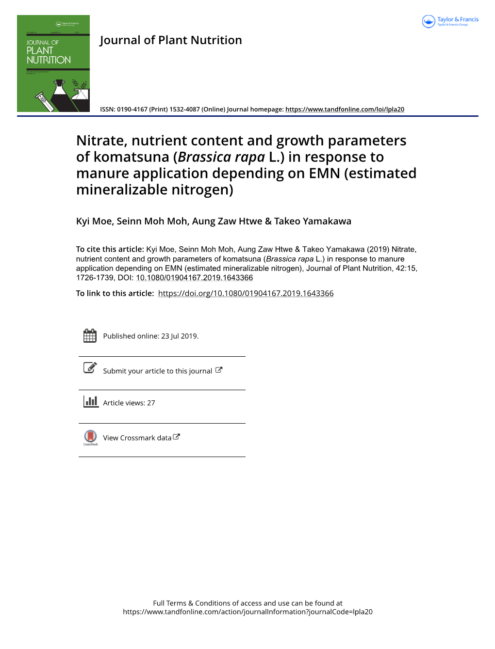 Nitrate, Nutrient Content and Growth Parameters of Komatsuna (Brassica Rapa L.) in Response to Manure Application Depending on EMN (Estimated Mineralizable Nitrogen)