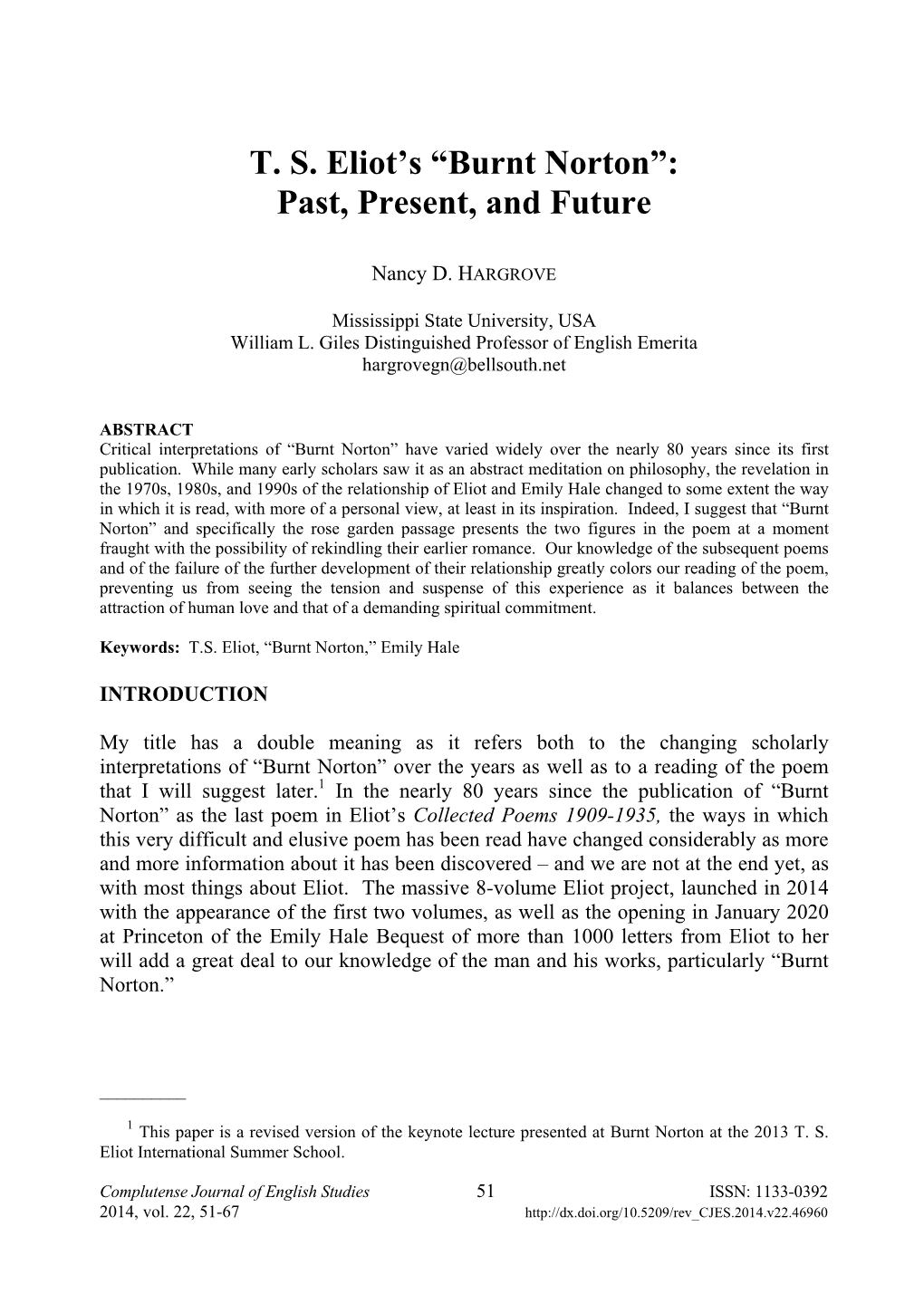 Burnt Norton”: Past, Present, and Future