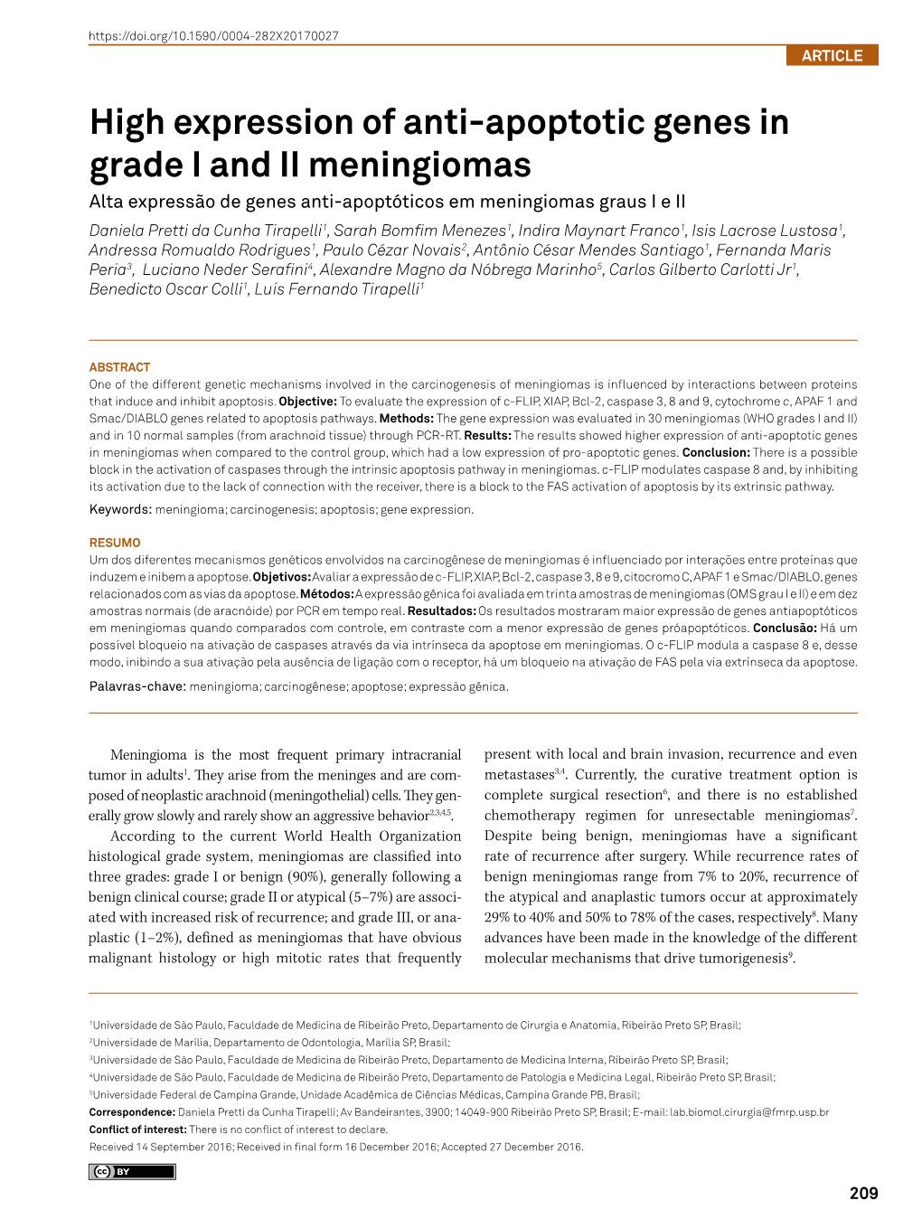 High Expression of Anti-Apoptotic Genes in Grade I and II Meningiomas