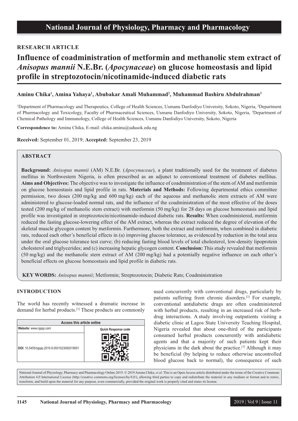 Influence of Coadministration of Metformin and Methanolic Stem Extract of Anisopus Mannii N.E.Br