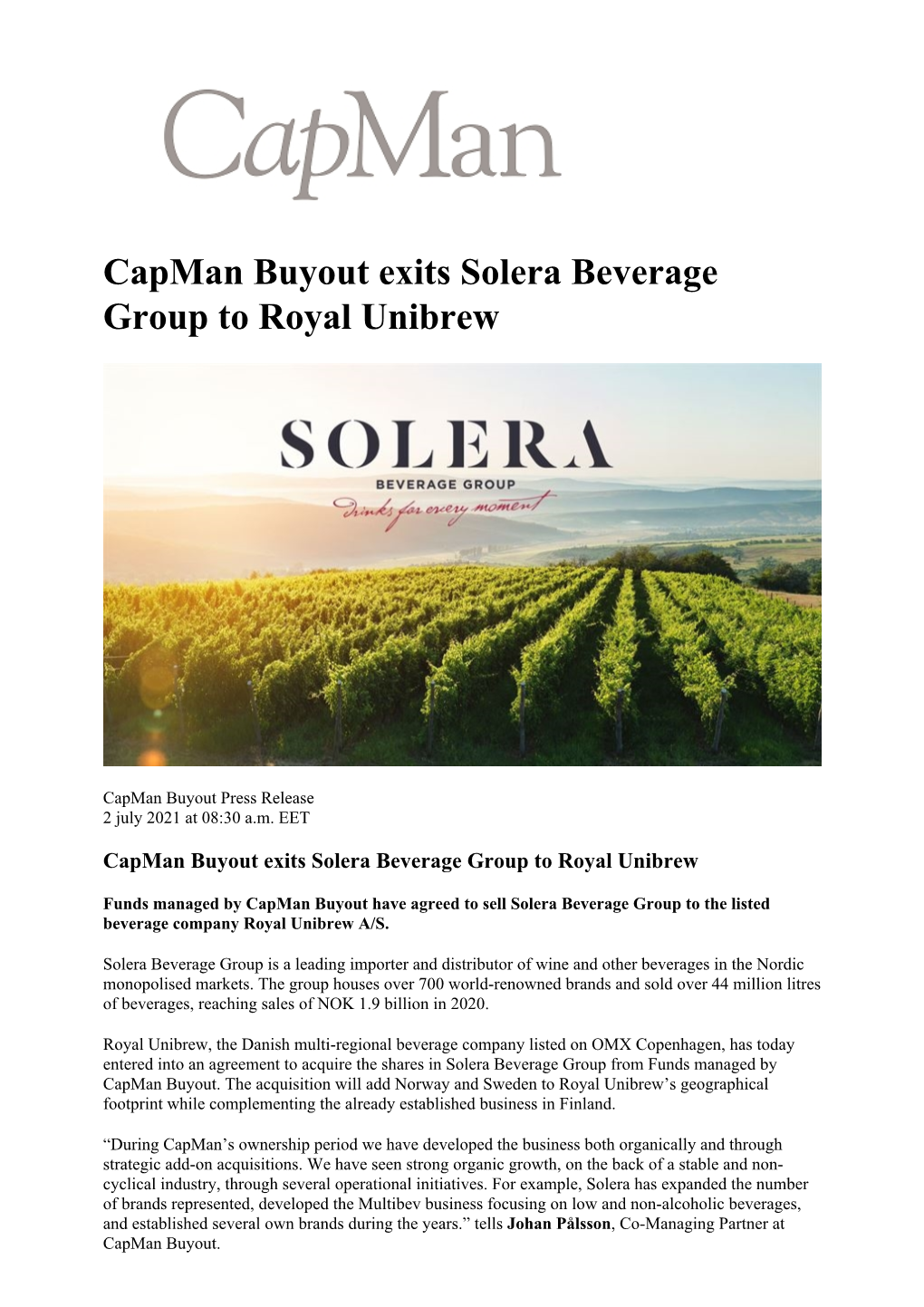 Capman Buyout Exits Solera Beverage Group to Royal Unibrew