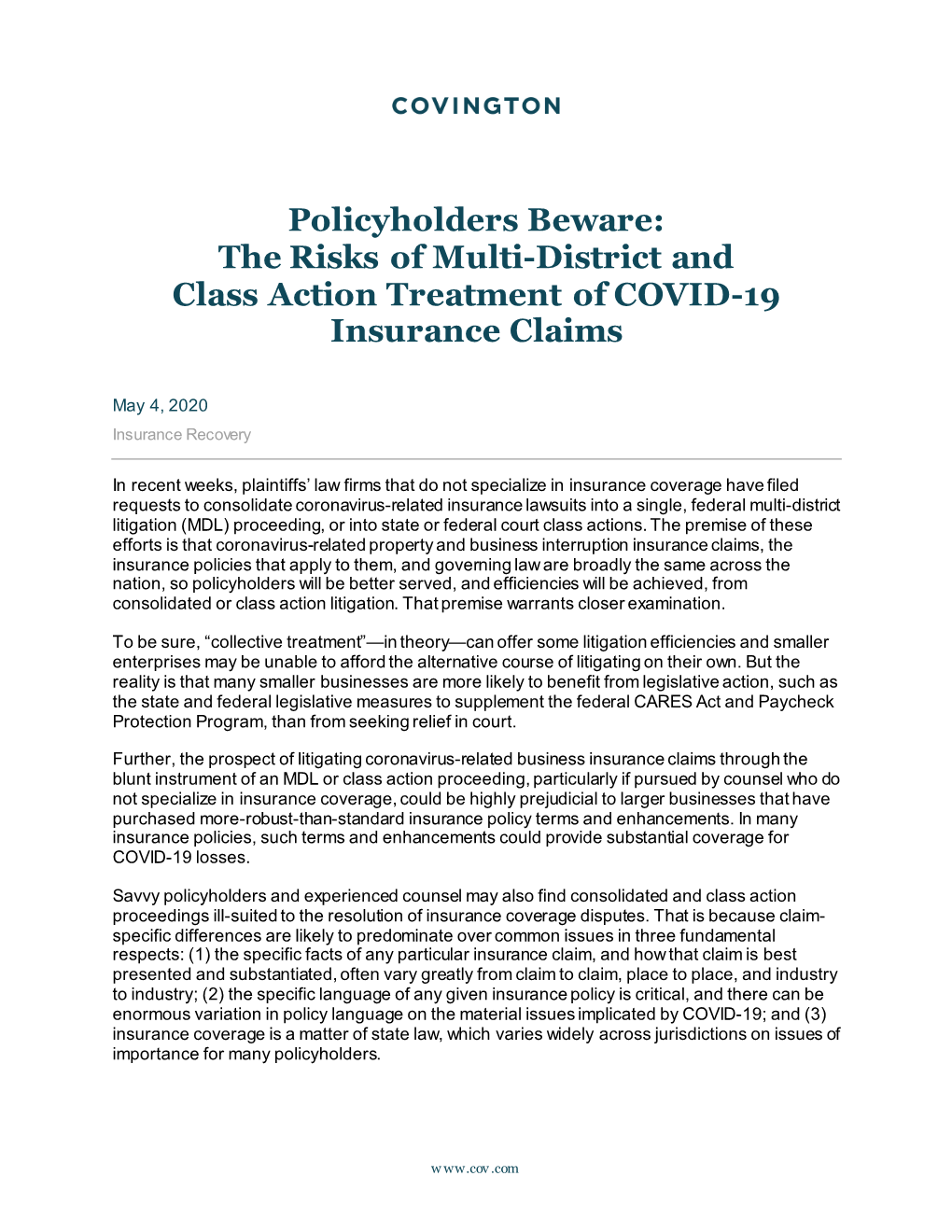 The Risks of Multi-District and Class Action Treatment of COVID-19 Insurance Claims