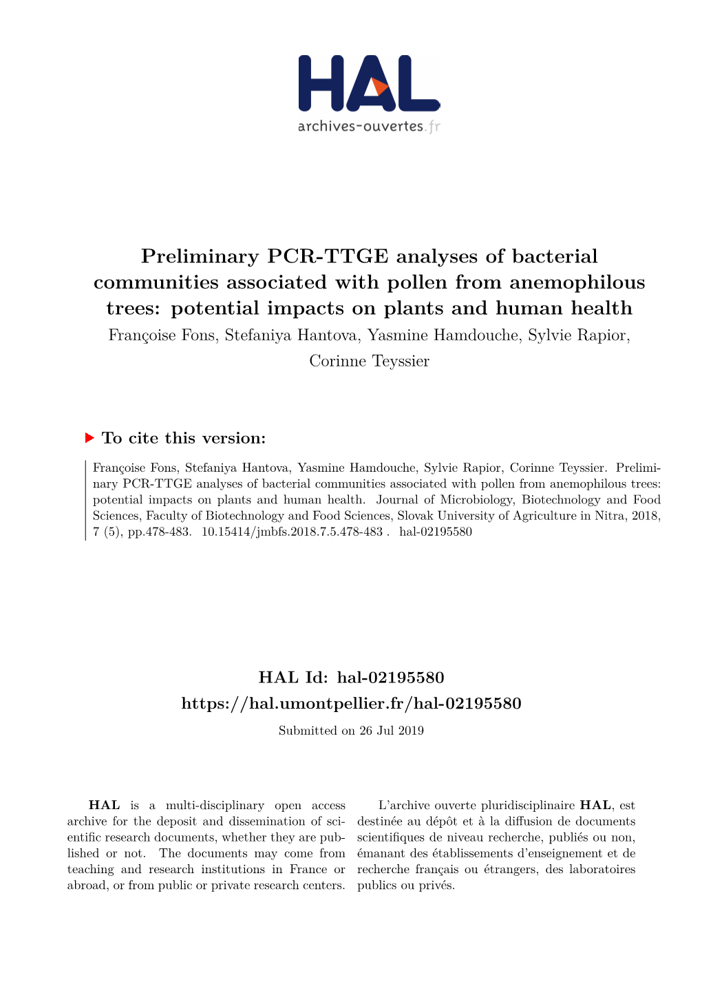 Preliminary PCR-TTGE Analyses of Bacterial Communities Associated