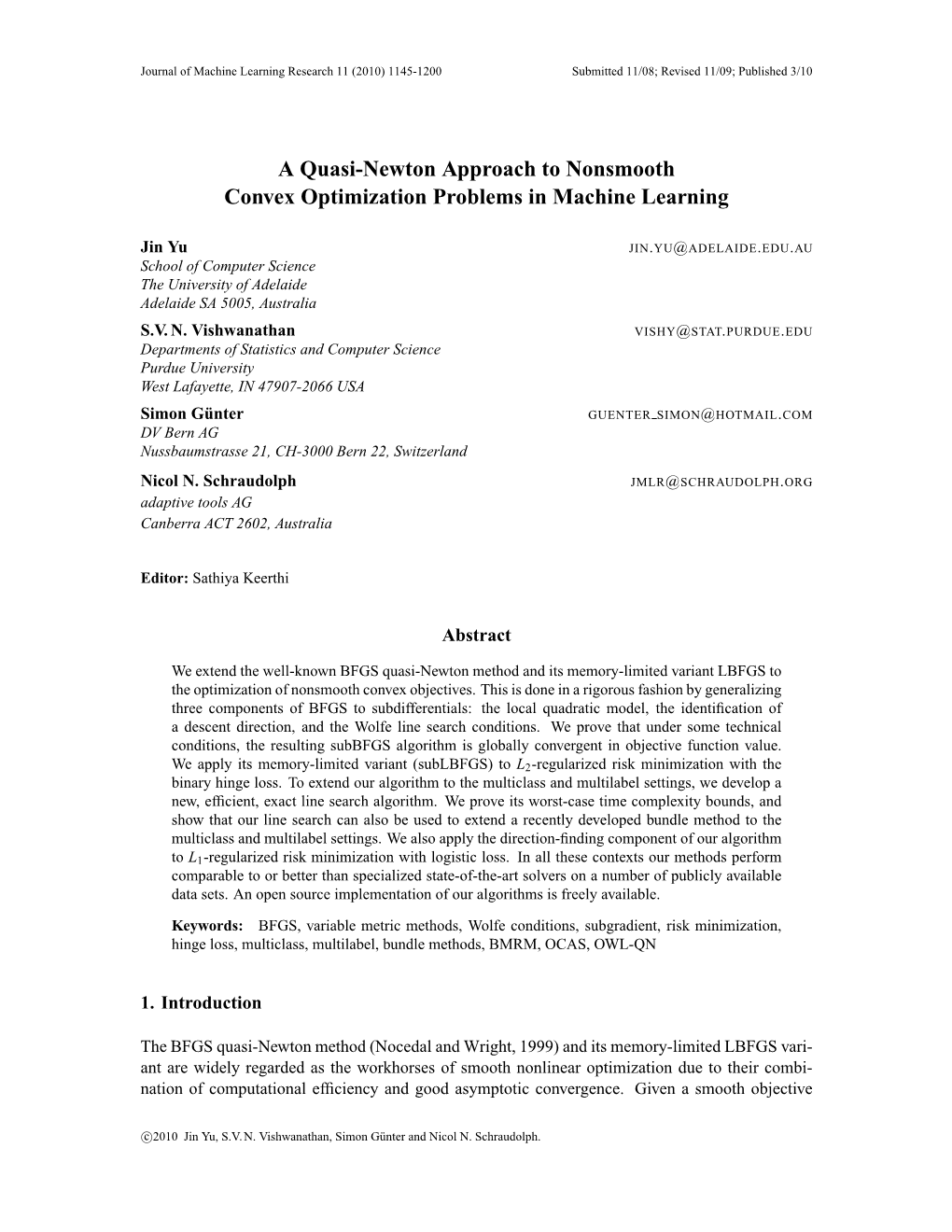 A Quasi-Newton Approach to Nonsmooth Convex Optimization Problems in Machine Learning