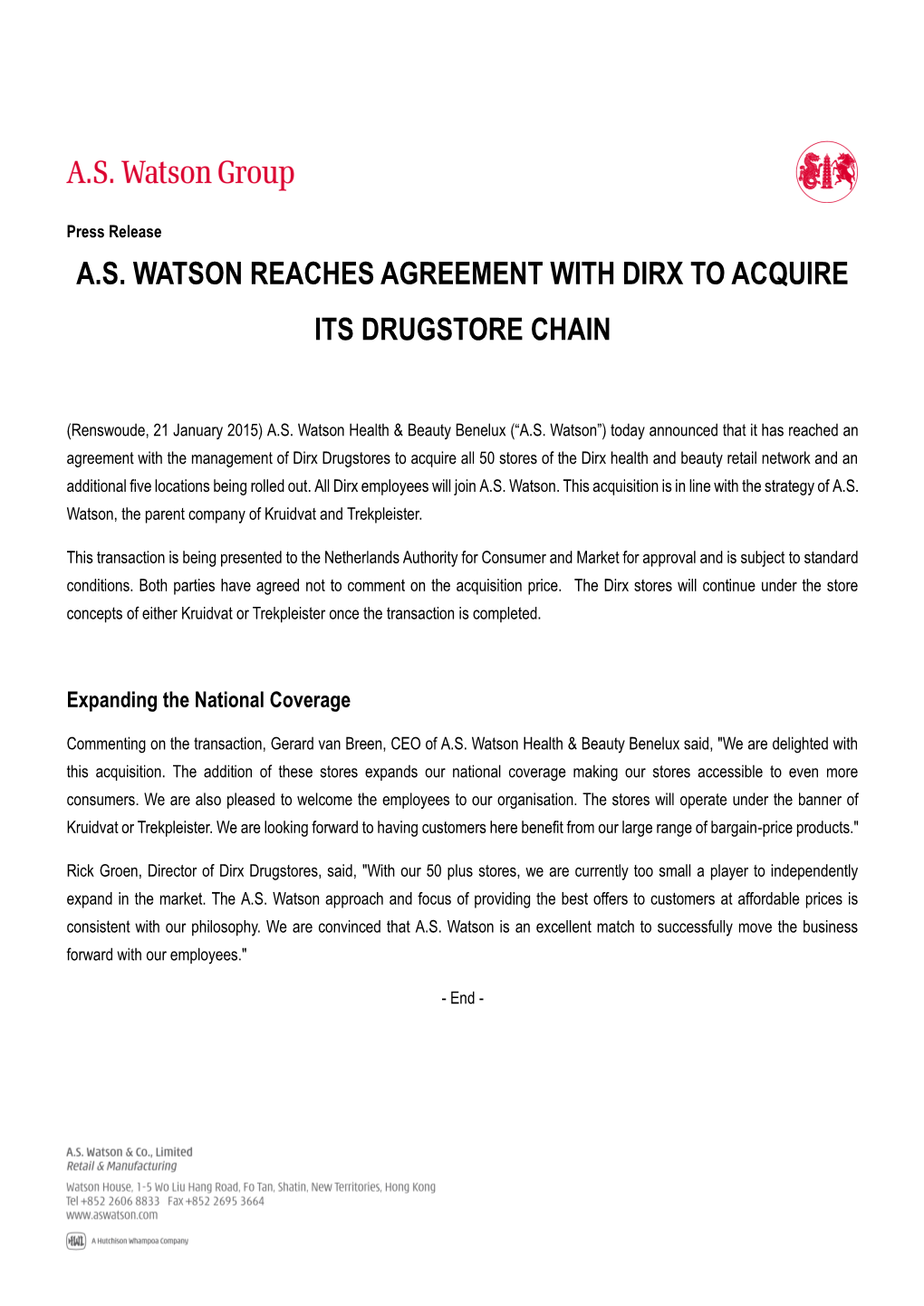 A.S. Watson Reaches Agreement with Dirx to Acquire Its Drugstore Chain