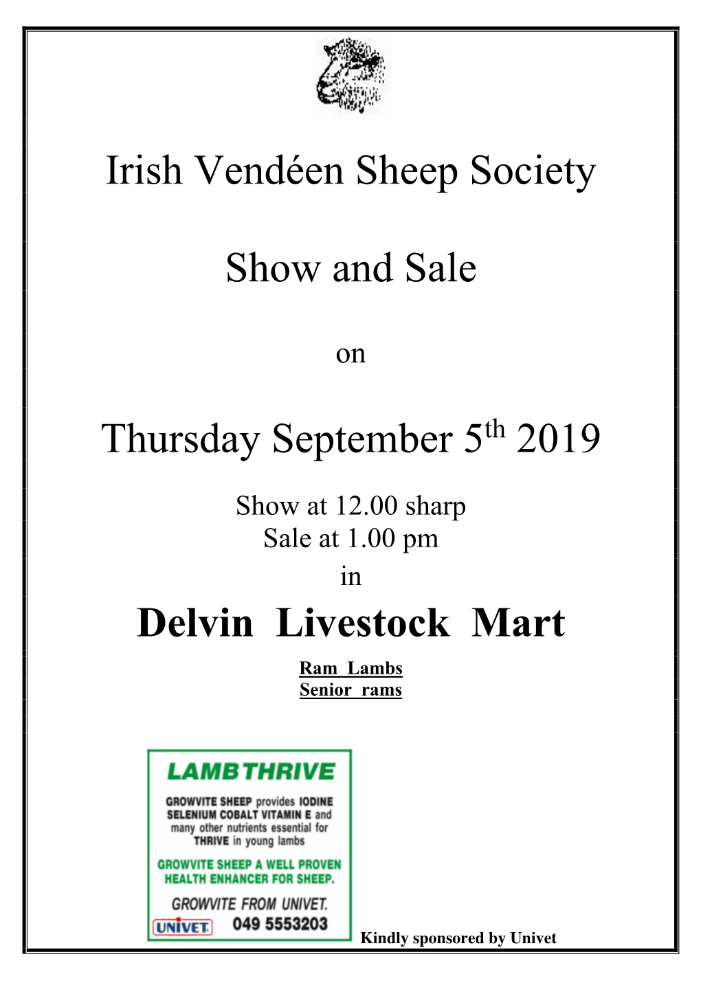 Irish Vendéen Sheep Society Show and Sale Thursday September 5Th