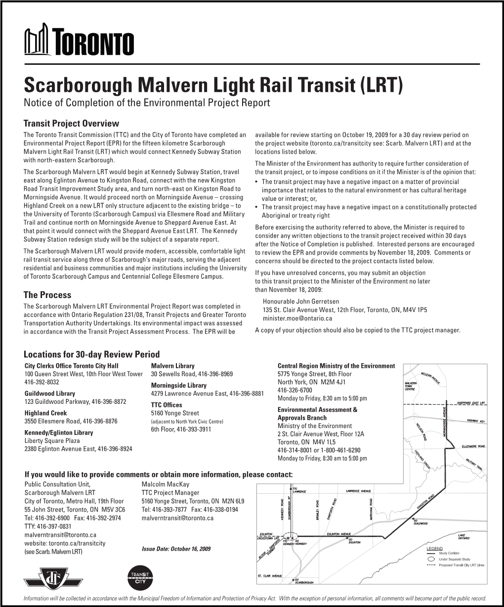 Scarborough Malvern Light Rail Transit (LRT) Notice of Completion of the Environmental Project Report