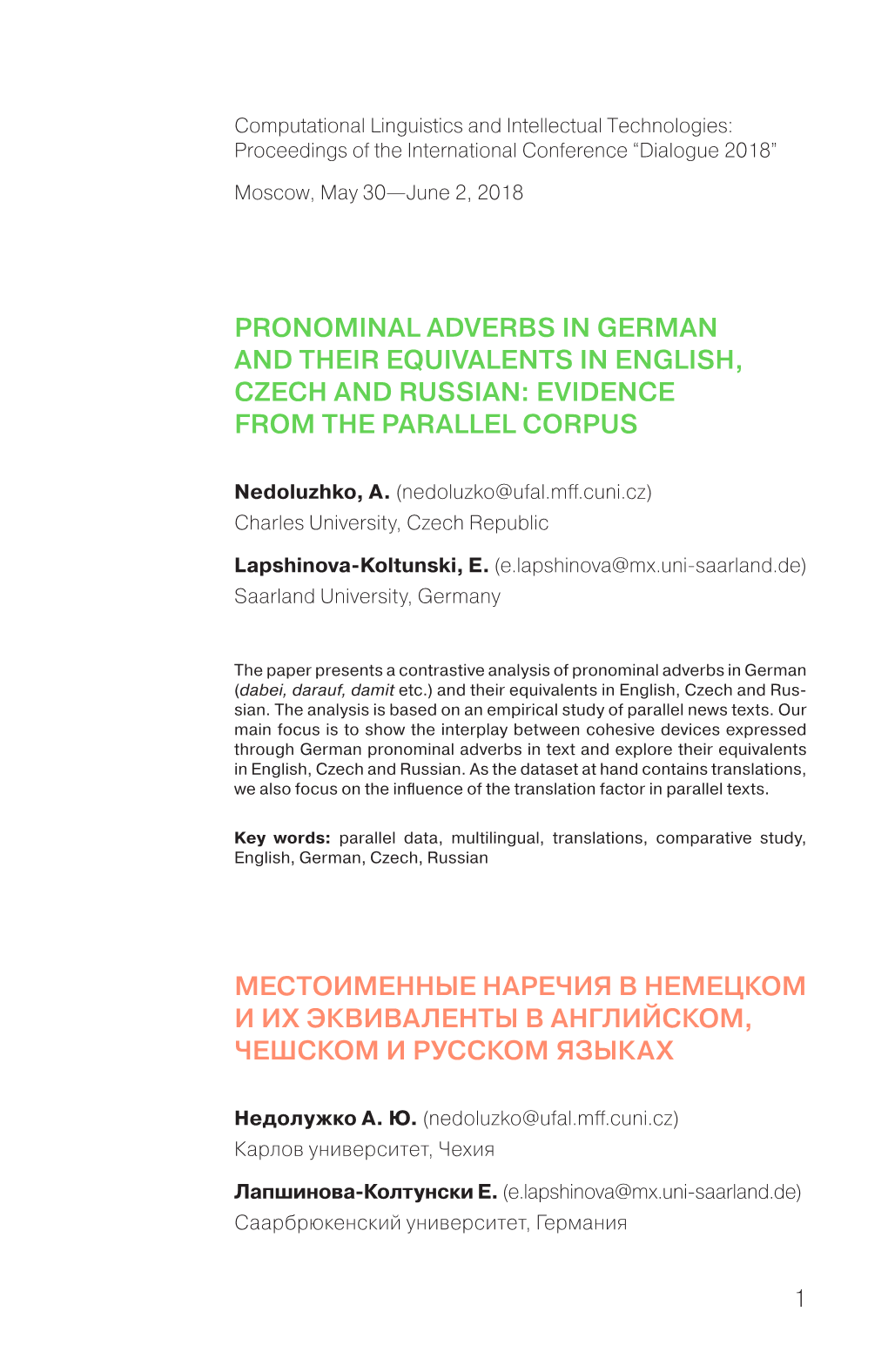 Pronominal Adverbs in German and Their Equivalents in English, Czech and Russian: Evidence from the Parallel Corpus