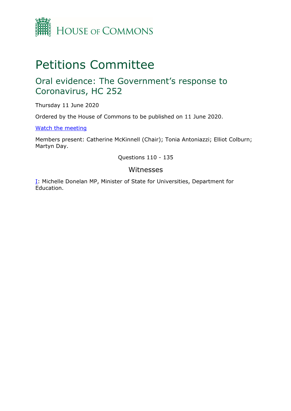 Petitions Committee Oral Evidence: the Government’S Response to Coronavirus, HC 252