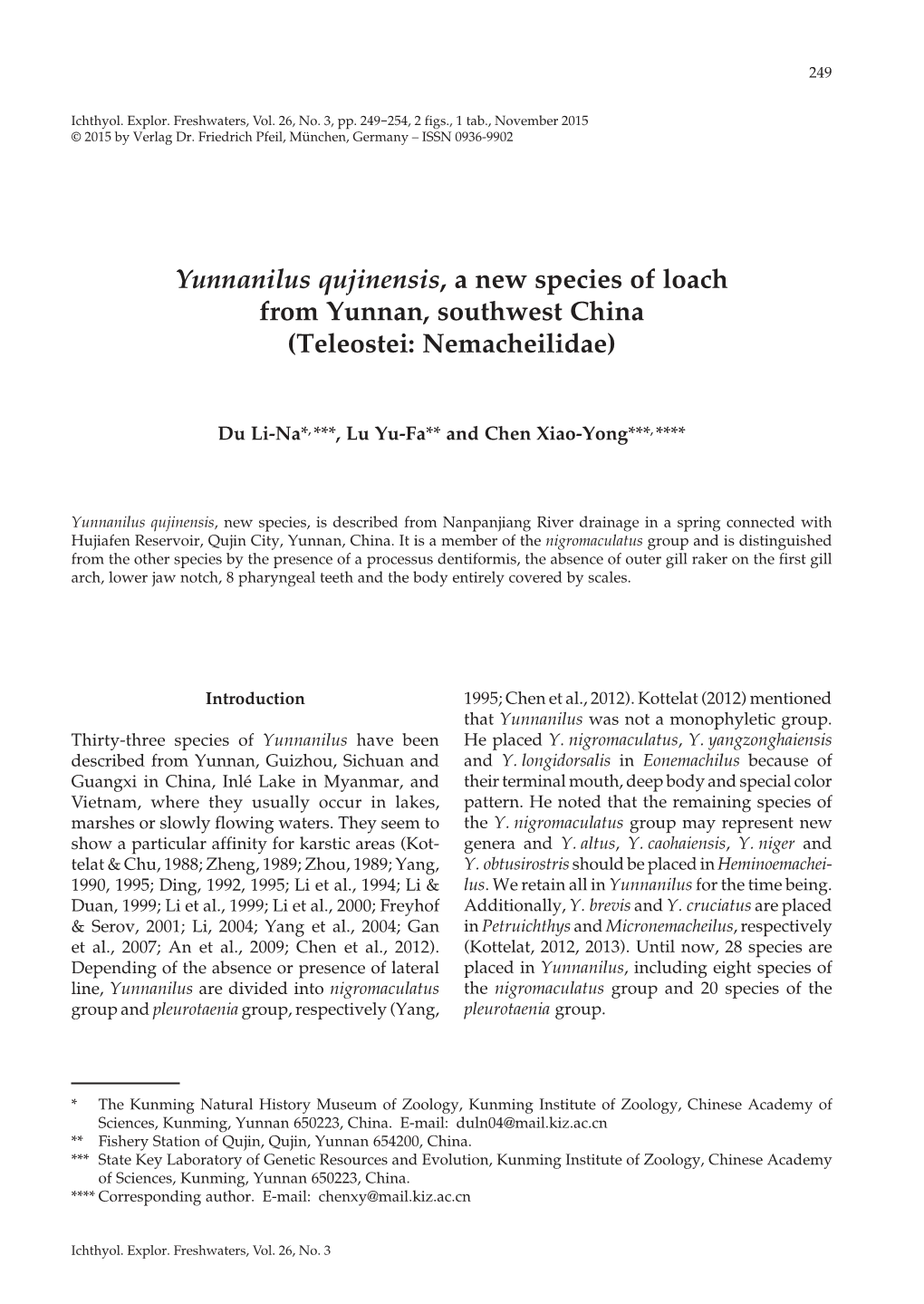 Yunnanilus Qujinensis, a New Species of Loach from Yunnan, Southwest China (Teleostei: Nemacheilidae)