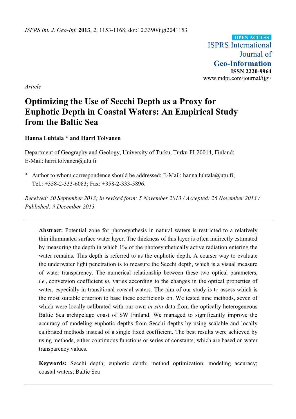 Optimizing the Use of Secchi Depth As a Proxy for Euphotic Depth in Coastal Waters: an Empirical Study from the Baltic Sea