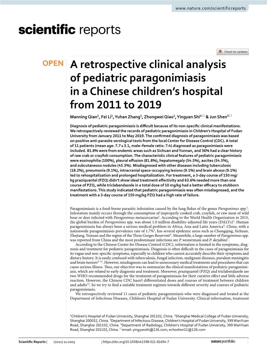 A Retrospective Clinical Analysis of Pediatric Paragonimiasis in A