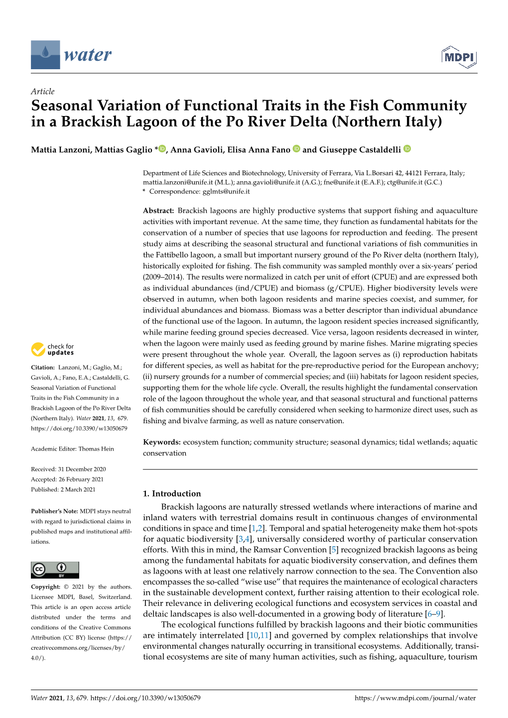 Seasonal Variation of Functional Traits in the Fish Community in a Brackish Lagoon of the Po River Delta (Northern Italy)