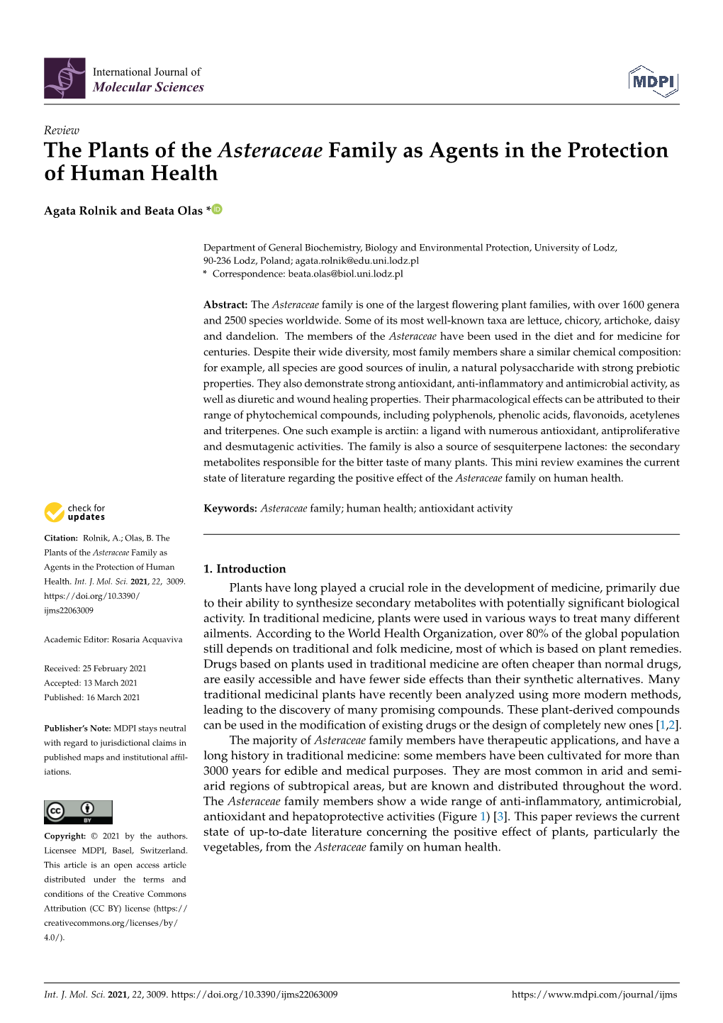 The Plants of the Asteraceae Family As Agents in the Protection of Human Health