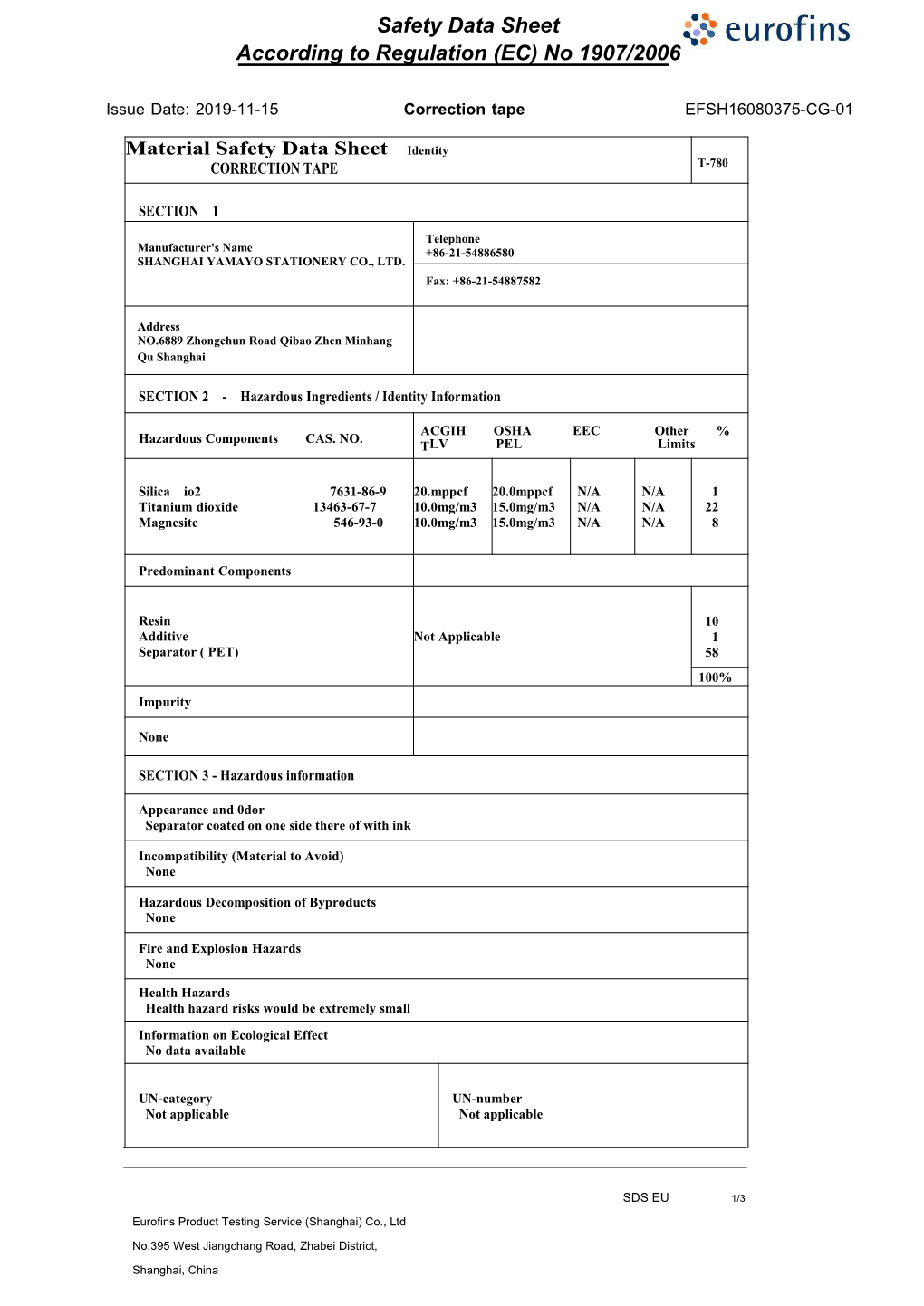 Safety Data Sheet According to Regulation (EC) No 1907/2006