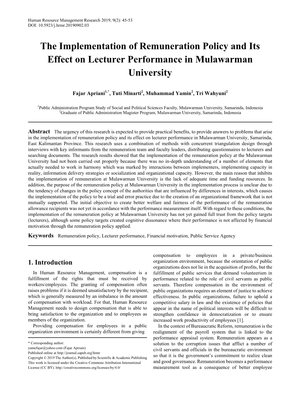 The Implementation of Remuneration Policy and Its Effect on Lecturer Performance in Mulawarman University