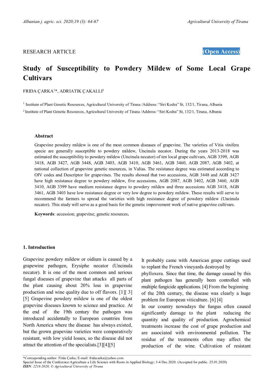 Study of Susceptibility to Powdery Mildew of Some Local Grape Cultivars