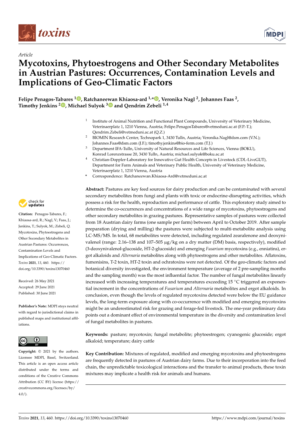 Mycotoxins, Phytoestrogens and Other Secondary Metabolites in Austrian Pastures: Occurrences, Contamination Levels and Implications of Geo-Climatic Factors