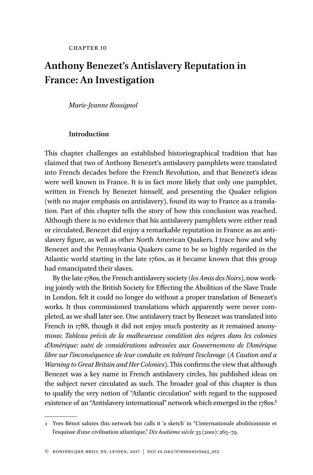 Anthony Benezet's Antislavery Reputation in France