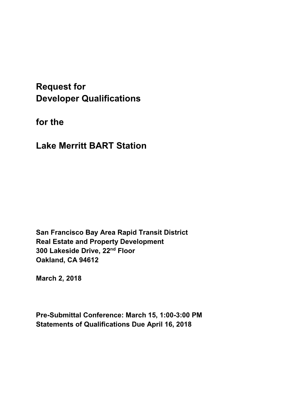 Request for Developer Qualifications for the Lake Merritt BART Station