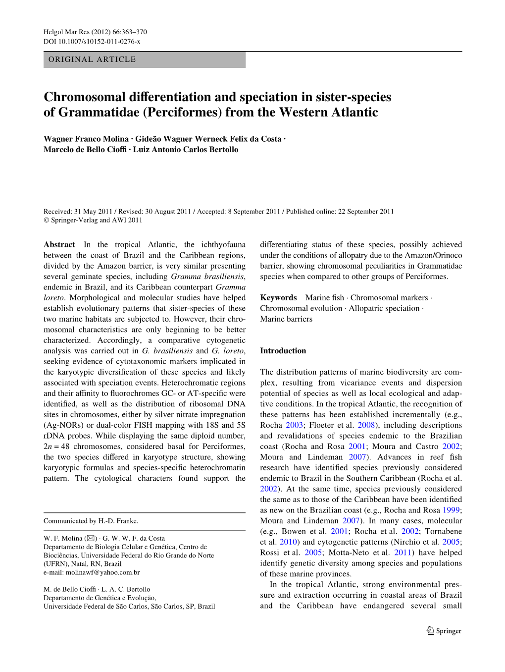 Chromosomal Diverentiation and Speciation in Sister-Species of Grammatidae (Perciformes) from the Western Atlantic