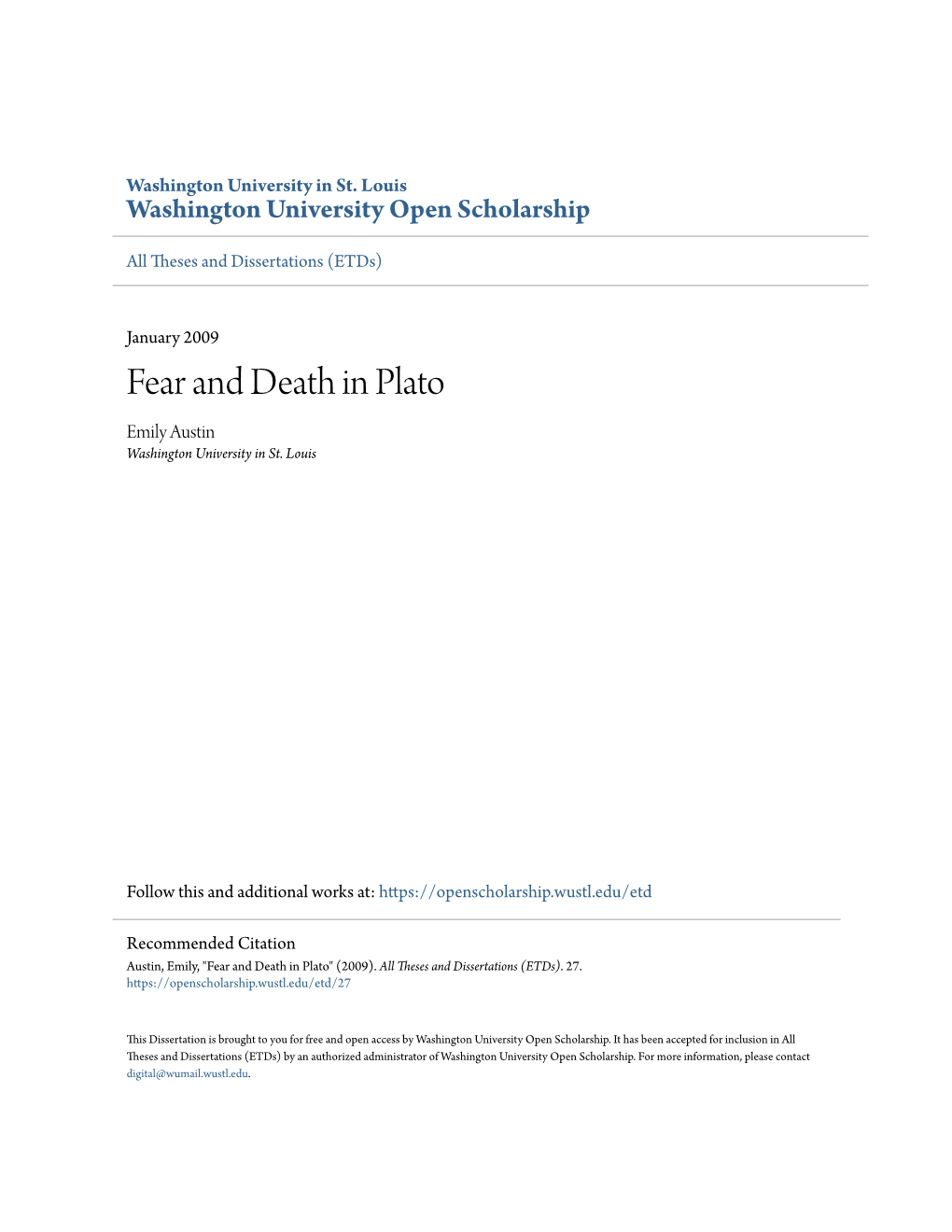 Fear and Death in Plato Emily Austin Washington University in St