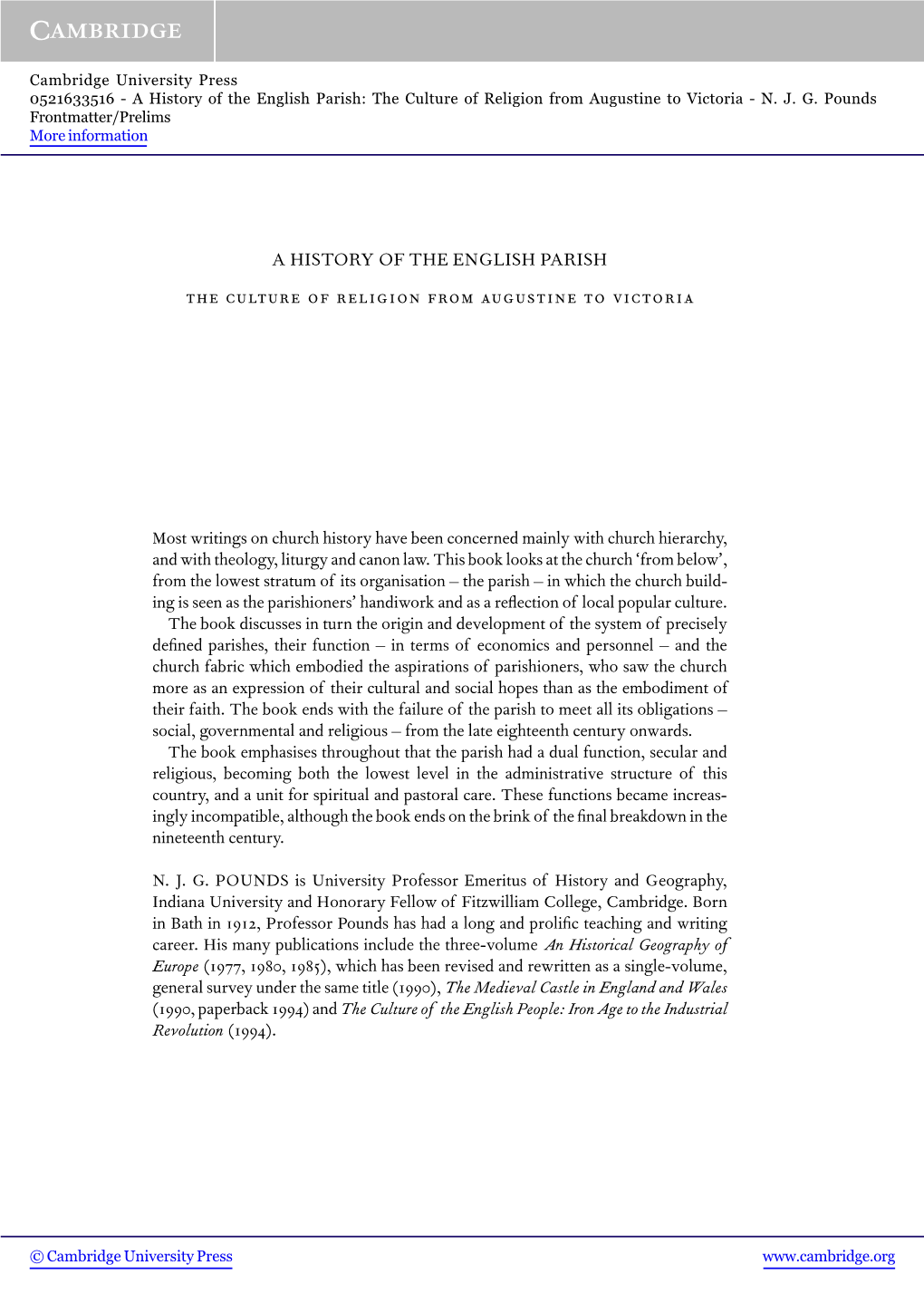 A History of the English Parish: the Culture of Religion from Augustine to Victoria - N