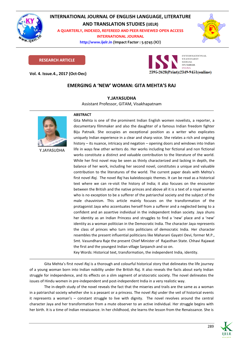 Emerging a 'New' Woman: Gita Mehta's Raj International Journal of English Language, Literature and Translation Studies