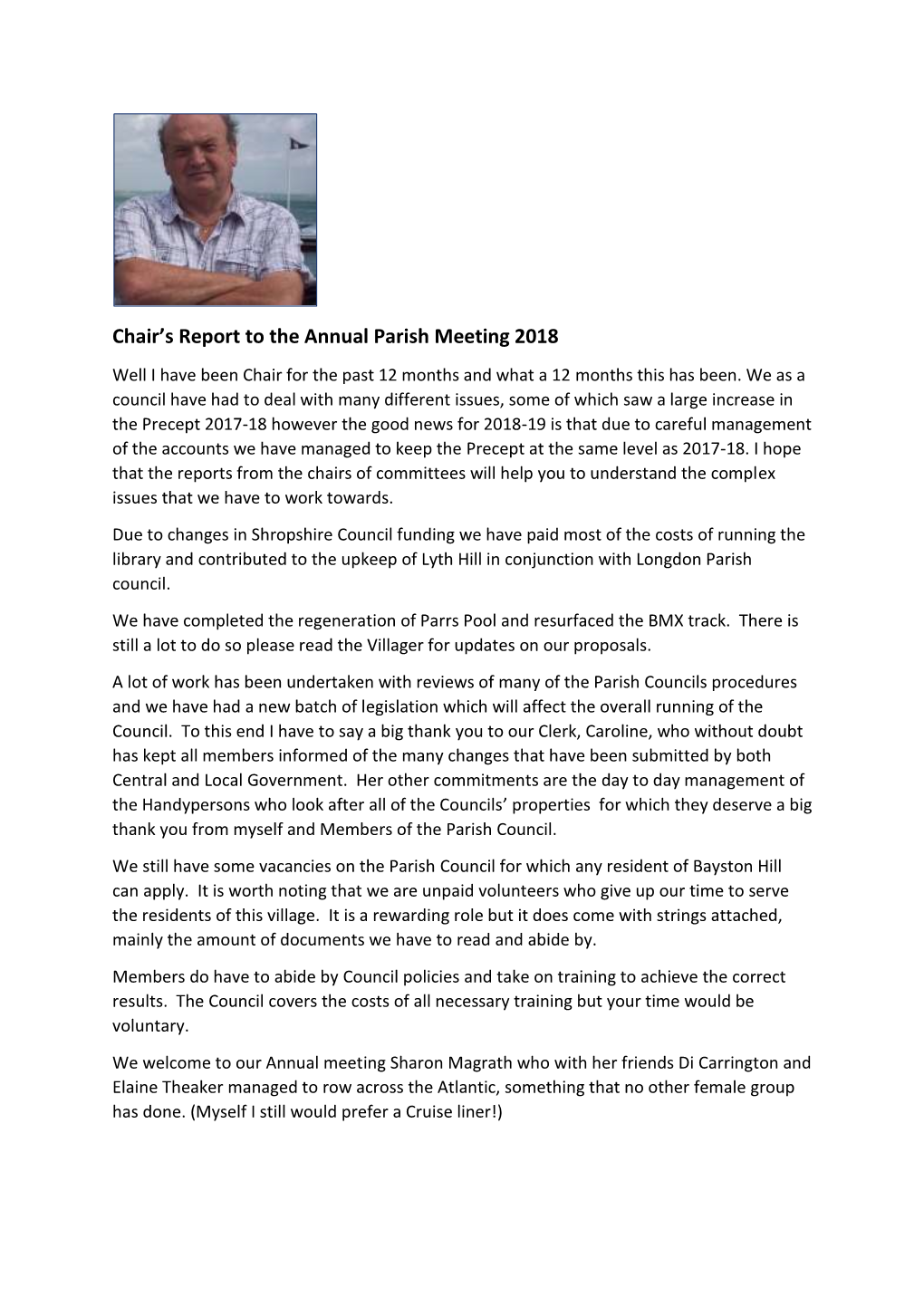 Chair's Report to the Annual Parish Meeting 2018