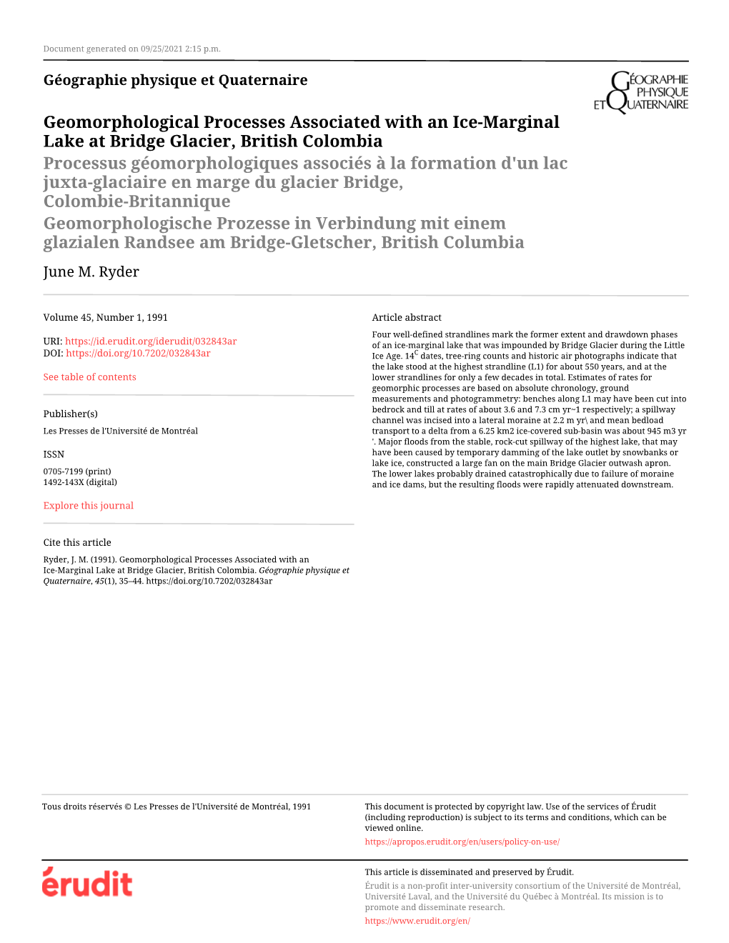 Geomorphological Processes Associated with an Ice-Marginal