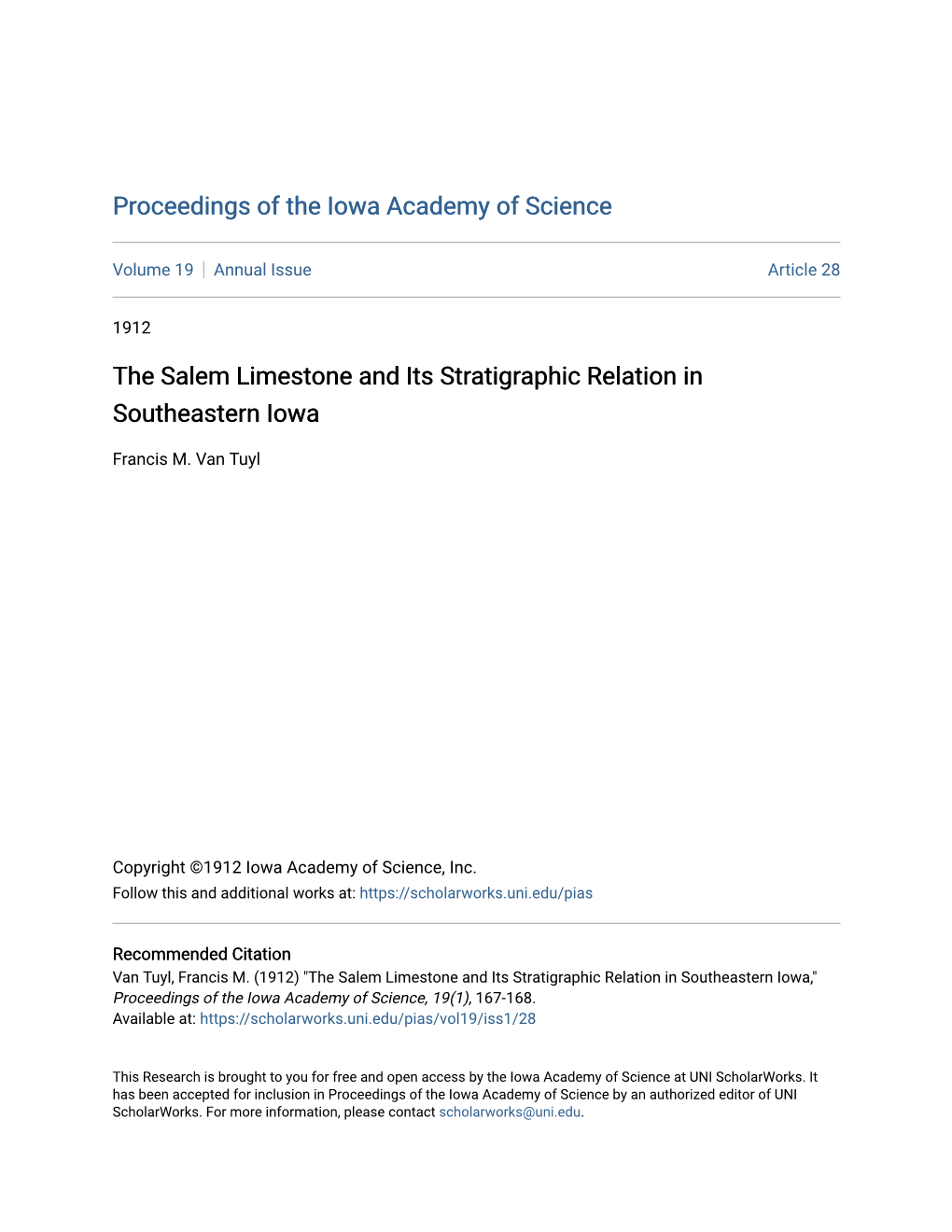 The Salem Limestone and Its Stratigraphic Relation in Southeastern Iowa