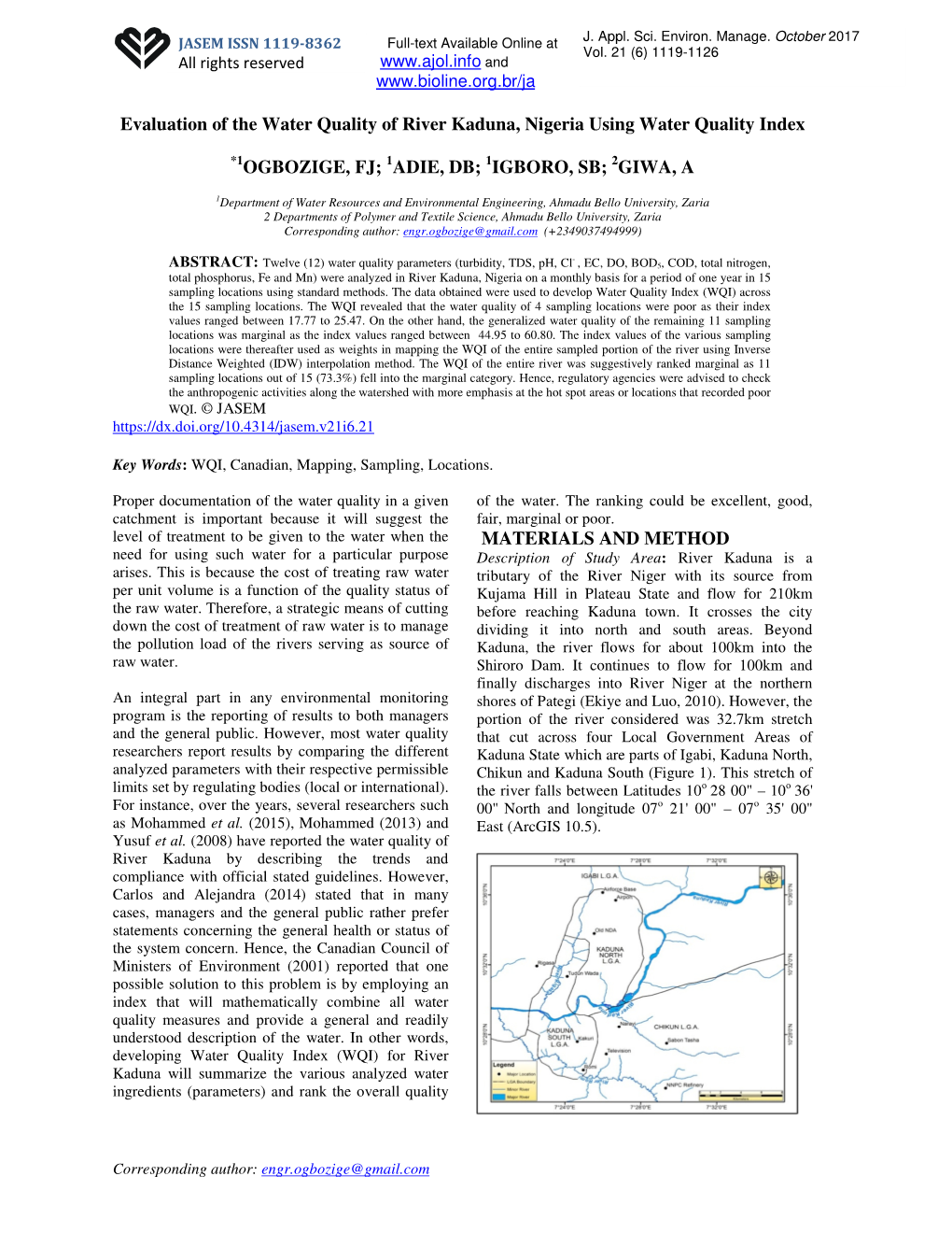 Evaluation of the Water Quality of River Kaduna, Nigeria Using Water Quality Index