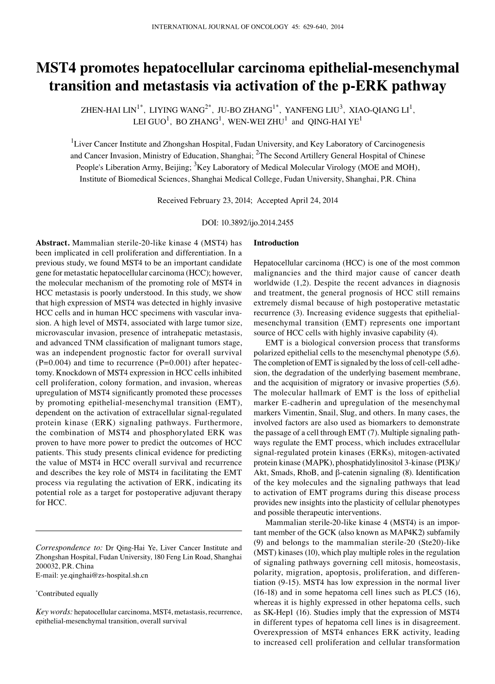 MST4 Promotes Hepatocellular Carcinoma Epithelial-Mesenchymal Transition and Metastasis Via Activation of the P-ERK Pathway