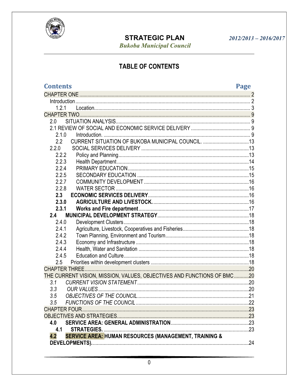 STRATEGIC PLAN TABLE of CONTENTS Contents Page