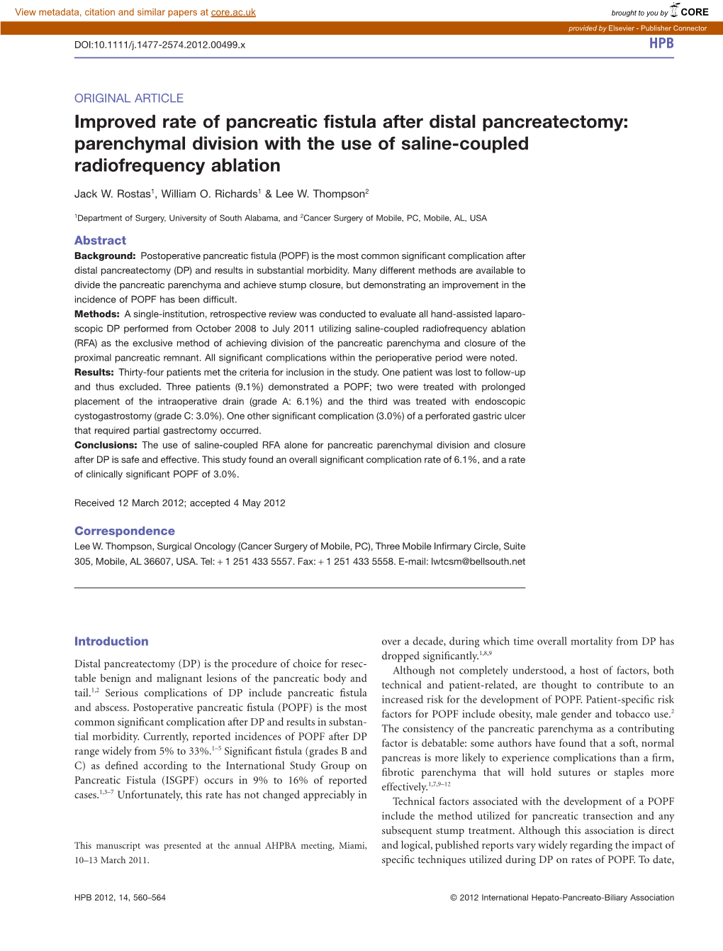 Improved Rate of Pancreatic Fistula After Distal Pancreatectomy: Parenchymal Division with the Use of Saline-Coupled Radiofrequency Ablation