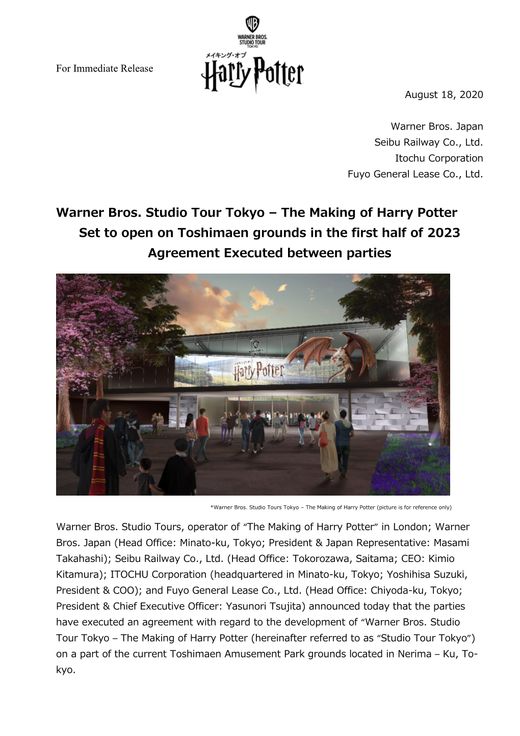 Warner Bros. Studio Tour Tokyo – the Making of Harry Potter Set to Open on Toshimaen Grounds in the First Half of 2023 Agreement Executed Between Parties