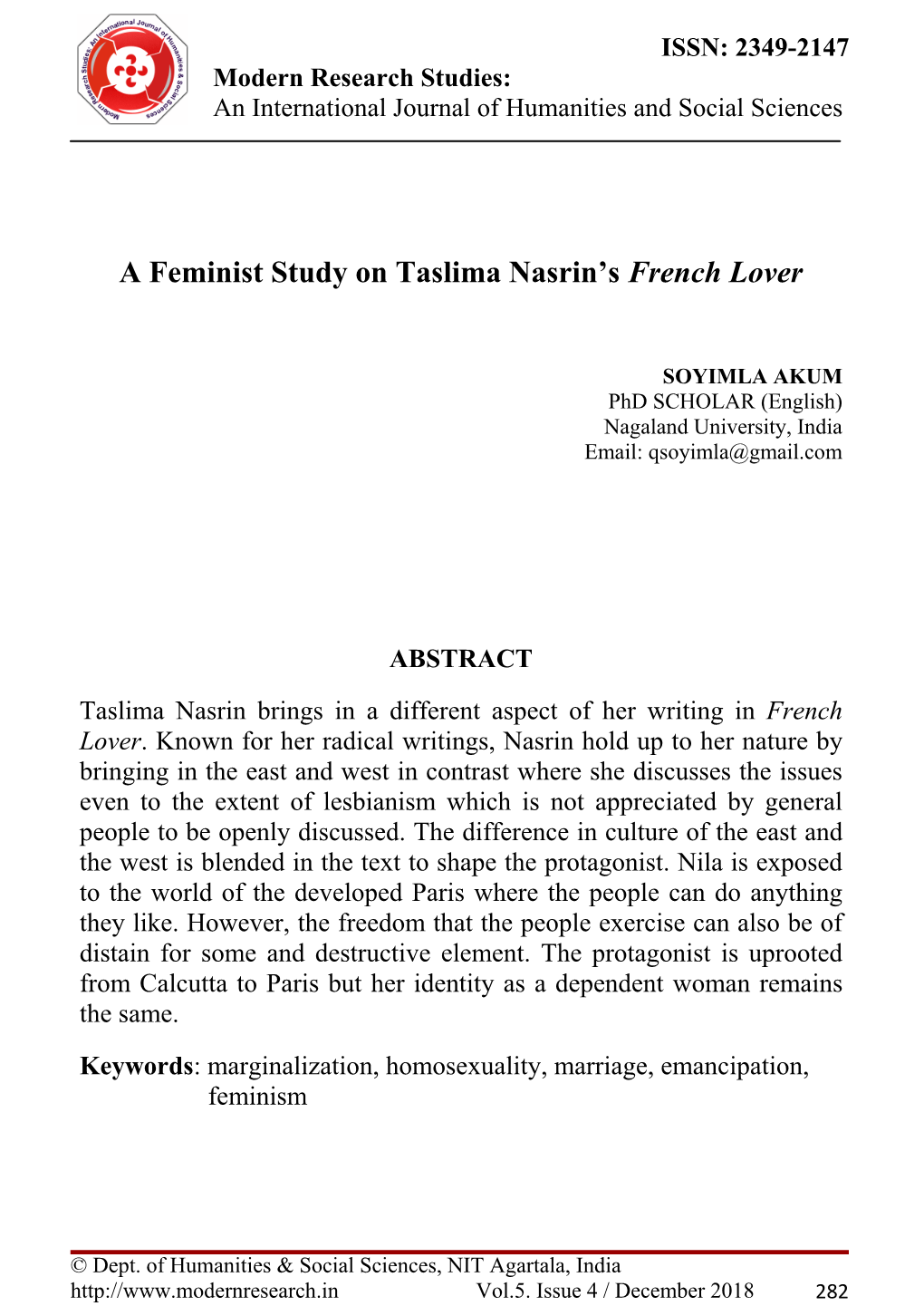 A Feminist Study on Taslima Nasrin's French Lover