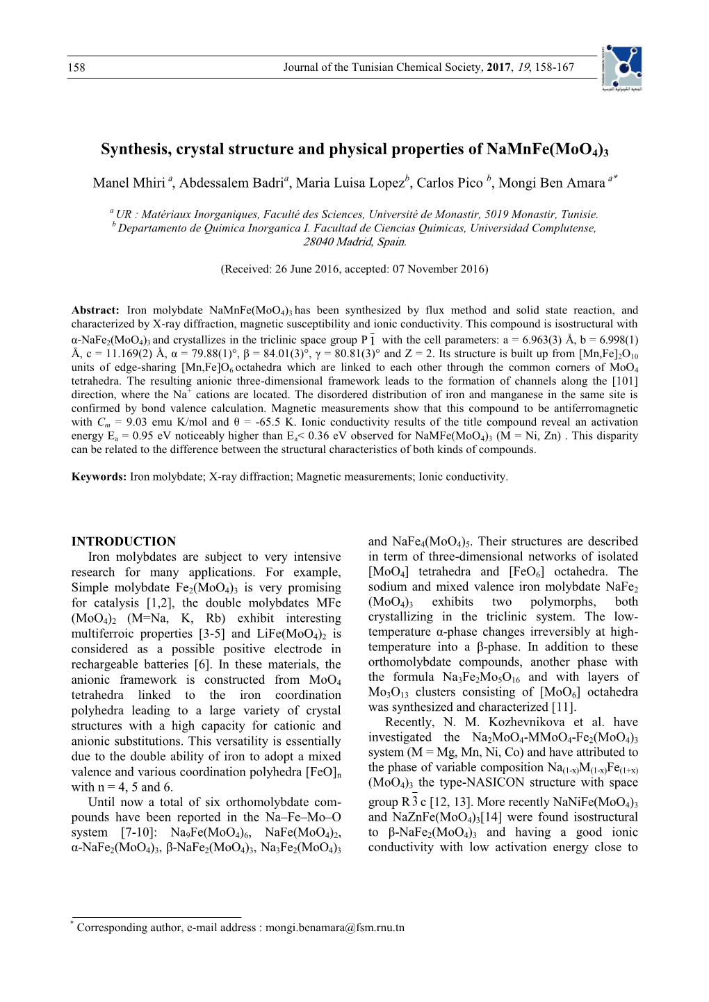 Synthesis, Crystal Structure and Physical Properties of Namnfe(Moo4)3