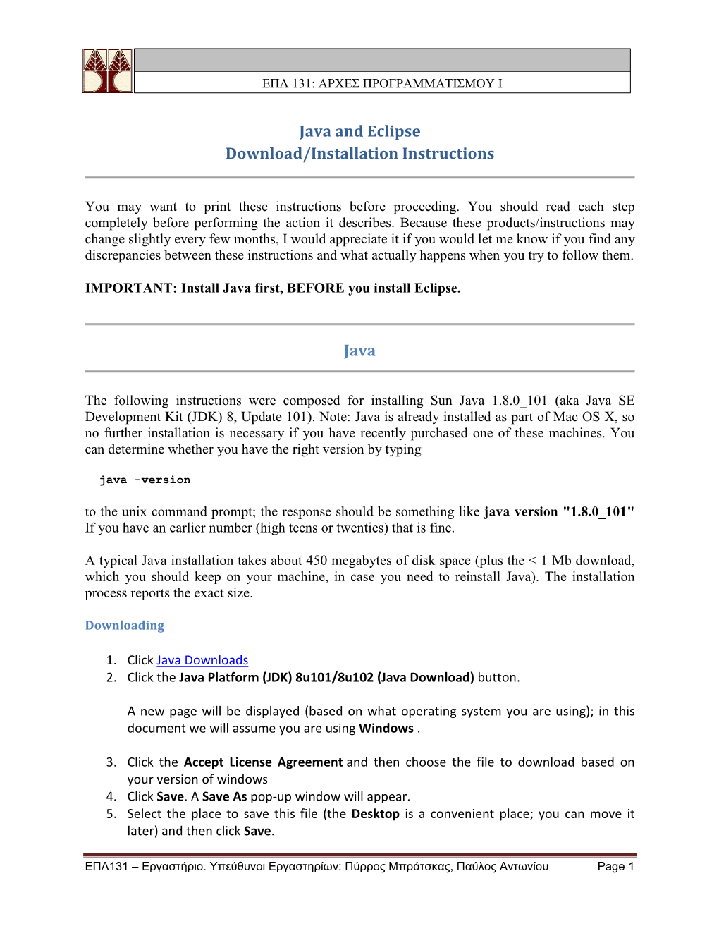 Java and Eclipse Download/Installation Instructions Java