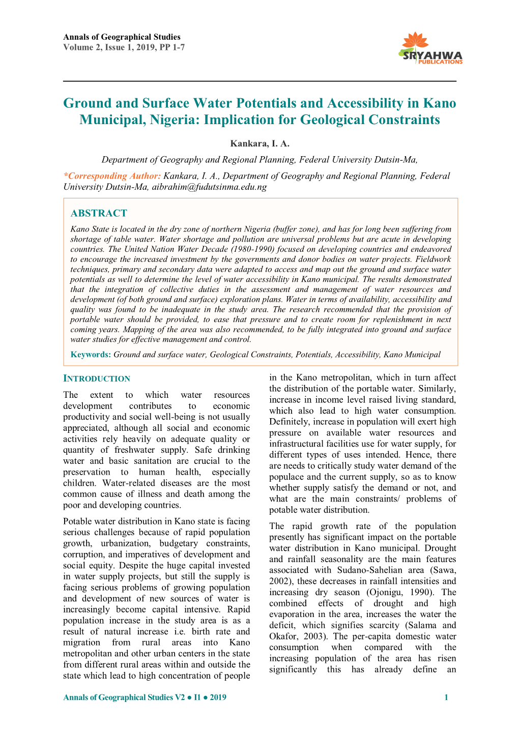 Ground and Surface Water Potentials and Accessibility in Kano Municipal, Nigeria: Implication for Geological Constraints