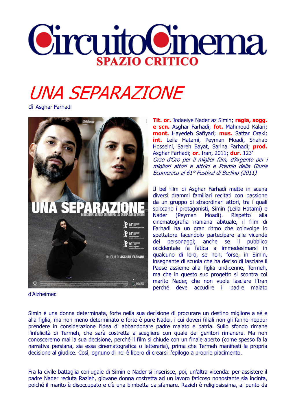 UNA SEPARAZIONE Di Asghar Farhadi